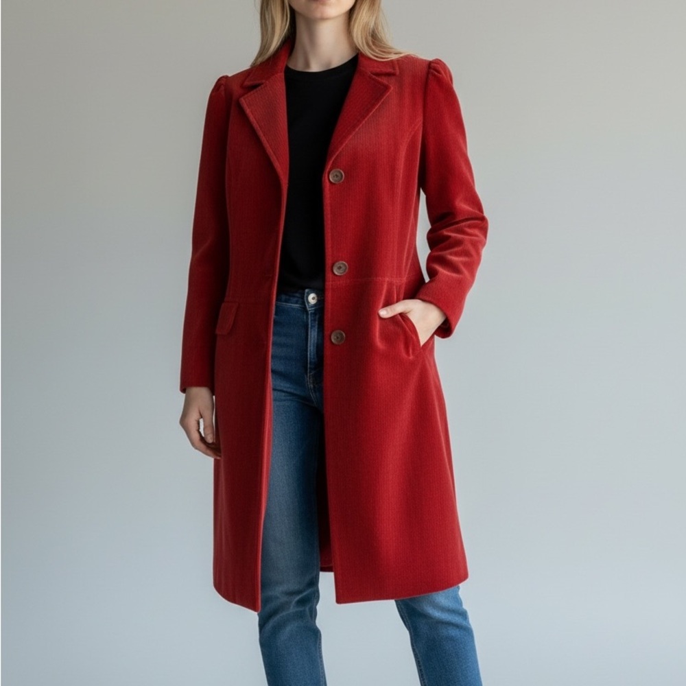 Poppy Red Velvet Velour Trench Style Coat